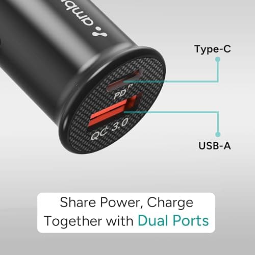 Ambrane 22W Fast Car Charger | Dual Port PD + QC | Type C & USB Car Adapter for iPhone, Samsung, Android, Tablets, Laptop | Compact Car Charger for Mobile, iPhone, Android, (ACC-21 Black) 4