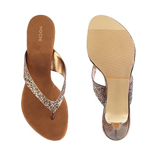 Mochi Women's Antic Gold Kitten Heel Slip On Sandals | 2 Inch Height | Synthetic Sequin Embellished Party Footwear | Lightweight Comfort | Stylish Party Festive Wear | UK 5 6