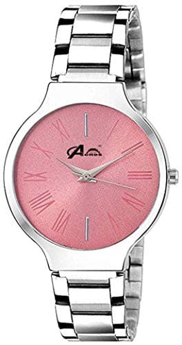 Acnos® Premium Super Quality Pink Dial Silver Steel Chain Analog Watch For Women And Girls Pack Of - 1