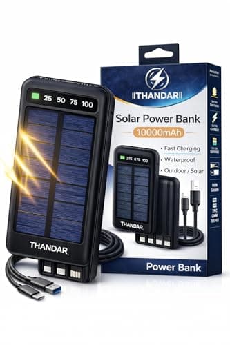 THANDAR 10000mAh Solar Power Bank Fast Charging Waterproof Dual USB with LED Display, Outdoor Portable Charger with Type-C Cable