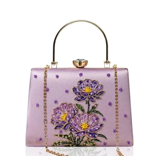Artklim Lavender Floral Embroidered Clutches for Women | Wedding Clutches Stylish | Bridal Occasion Bag with Detachable Strap and Handle