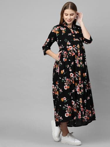 MomToBe Women's Rayon Maternity Dress & Western Dress with Zippers for Nursing Pre and Post Pregnancy (Ink Black ; XXX-Large) 3