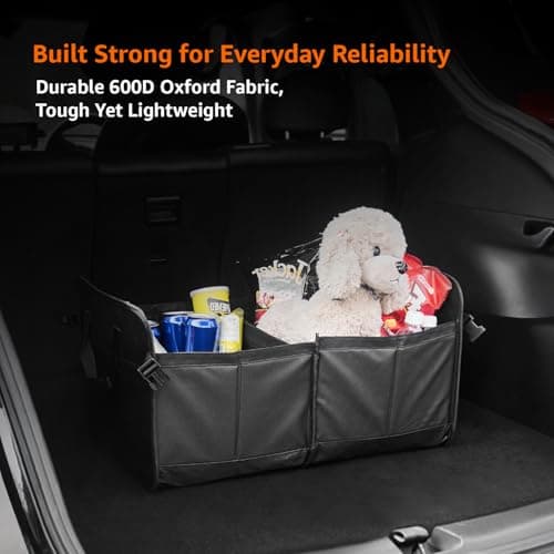 Amazon Basics Car Boot Organizer with 2 Large Compartments & 2 Pockets| Foldable 600D Oxford Storage Box with Securing Straps (Black, 60 x 37 x 31cm) 4