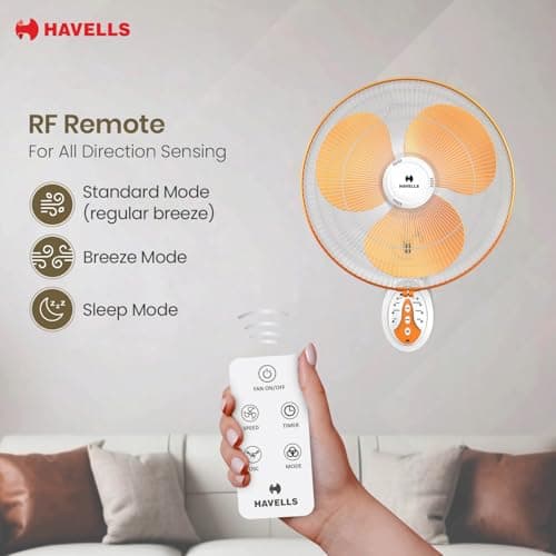 Havells Platina 400mm BLDC Wall Fan | Energy Saving | Remote Control | Smart Airflow | Stable Performance | Perfect for Modern Homes & Offices | 2-Year Warranty | (White Yellow) 4