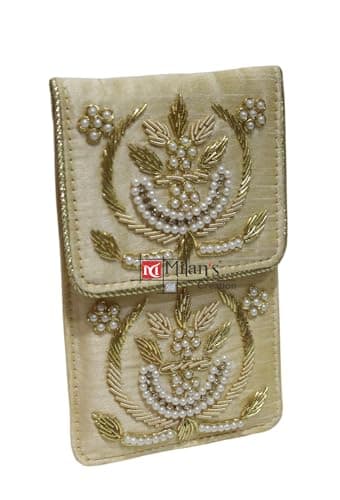 Exclusive Mobile Pouch Zardozi Hand Embroidery With Waist Clip Hook & Sling Chain (removable) | Ladies Women’s Handbag Wallet Sling Purse | Party Wedding Festival Giveaways Gift | (Gold) 3