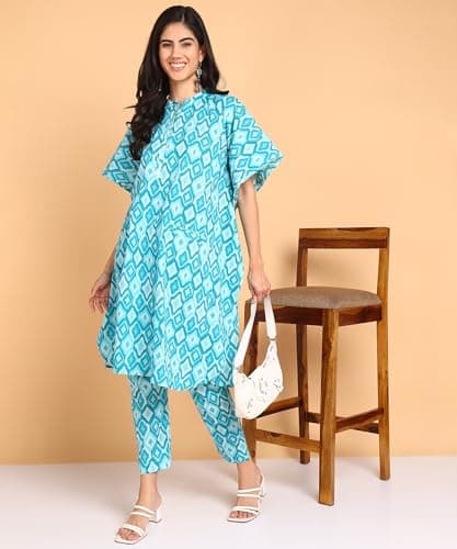 BLOCKS OF INDIA Coords Set in Pure Cotton Kaftan Style Hand Block Print Co Ord Set for Women (X-Large, KAFTAAN Green) 3