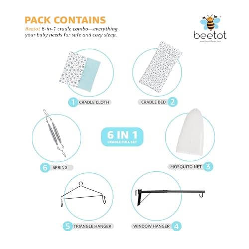 beetot Baby Cradle Swing/Jhula (Thottil Cloth, Palna, Dolna) Set | Hanging Cradle with Padded Bed, Mosquito Net, Spring, Triangle & Window Hanger | FS-Emily Blue 2
