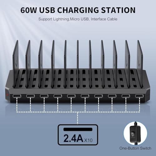 Multi Charging Station, 10-Port USB Charger for Multiple Device with SmartIC Tech and Adjustable Dividers, Organizer Stand Compatible with iPad, Tablet, Kindle, iPhone Speakers (10Port USB) 2