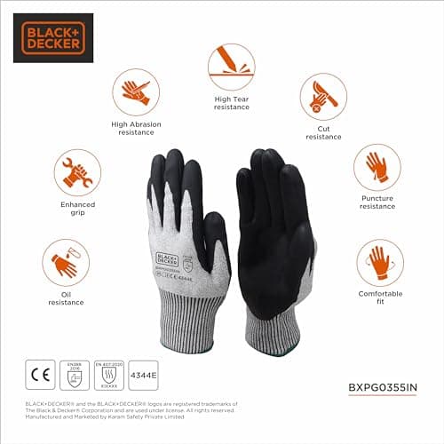 BLACK+DECKER Supported Safety Hand Gloves With 15 Gauge Grey Hpp Liner & Nitrile Coating|Safety Gloves For Mechanical Risk & Multipurpose Use For All Industries|Size-L| BXPG0355IN-L 4