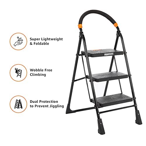 Amazon Basics Clamber-Foldable Step Ladder, Safety-Clutch Lock, Ribbed Steps, Knee Guard, Non-Marring PVC Shoes, 3 Steps (Steel, Black&Orange, Iron&Plastic) 5
