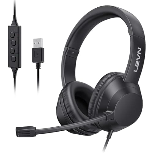 LEVN Headset with Mic, USB Headset with Microphone for PC, Headphones with Mic for Pc with Noise Canceling Microphone for Laptop, USB Headphones for Work from Home/Call Center/Open Office, Black