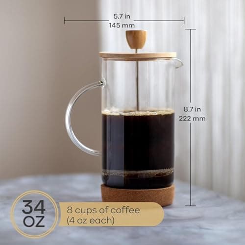 GRILIX French Press Coffee Maker 34 Ounce, Cold Brew Coffee Maker, Stainless Steel French Press Glass, Heat-resistant Thickened Borosilicate Glass, Eco-friendly Bamboo lid, Cork Base 5