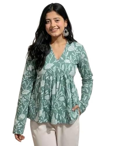 PD CLORI Women’s Floral Printed V-Neck Top | Soft & Breathable Fabric | Relaxed Fit Stylish Tunic | Casual (in, Alpha, XL, Regular) Mint Green
