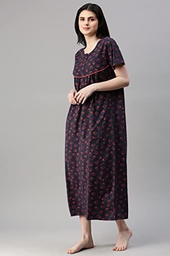 KRYPTIC Womens Navy Printed Pure Cotton Maxi Nightdress(Navy-M) 3