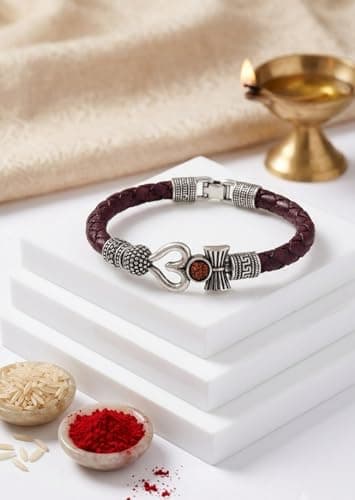 Soni Jewellery Trishul Damru Om Rudraksha Beads Silver Plated Mahakal Shiva Genuine Leather Bracelet Brown Dyed Rope Wrist Band Bahubali Kada Bracelet Rakhi Gift for Brother for Unisex Adult | pack of 2