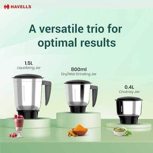 Havells Capture 500W Mixer Grinder 3 Stainless Steel Jars | 21000 RPM High-Speed Motor | Rust-Resistant 304 SS Blades | 1.5L Large Blending Jar | Overheat Protection | 1-Year Warranty (Black) 3