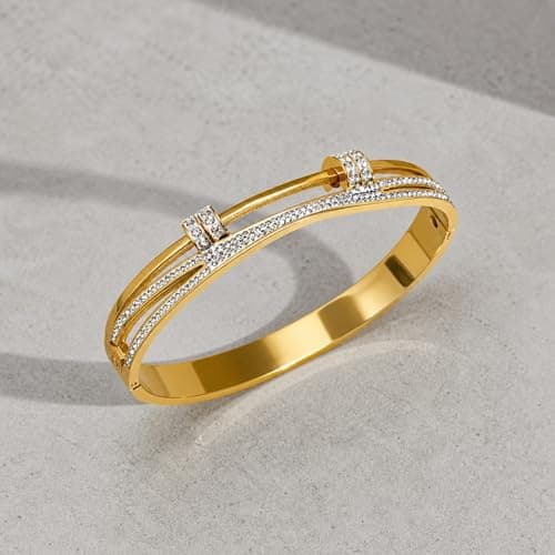 MIAMI Bracelets for Women Stylish Anti Tarnish Kada for Women Stainless Steel Crystal Bar Bracelet Gold Plated Open American diamond Bangle Stone Studded Jewellery for Women Girls Trendy Bracelet 600 5