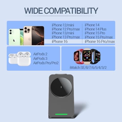 UNIGEN® Magtec 330 Wireless Charging 3 in 1 Magsafe Charger for Apple iPhone 17/16/16 Plus/16 Pro/16 Pro Max,15/15 Plus/15 Pro/15 Pro Max,14/13/12 Series, AirPods 3rd/2nd, Series 9/8/7/6/5/4/SE-Black 5