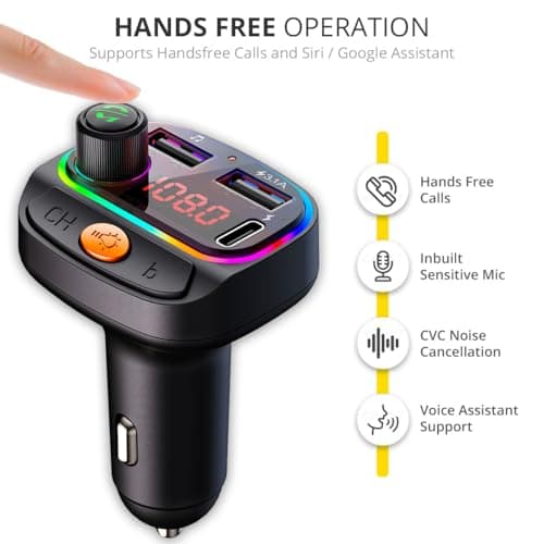 CRUST CS30 Car Bluetooth Device [Upgraded BT v5.3] with Call Receiver, FM Transmitter for Music System & Dual USB + Type C Charger; 7 Colour LED Lights; 6 EQ Presets; USB MP3 Support; Voice Assistant 2