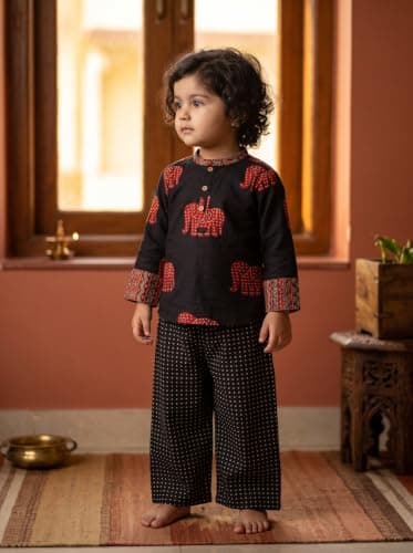 Koshberry Girls Black Elephant Print Co-Ord Set Kurta & Pants - 2-3 Years 4