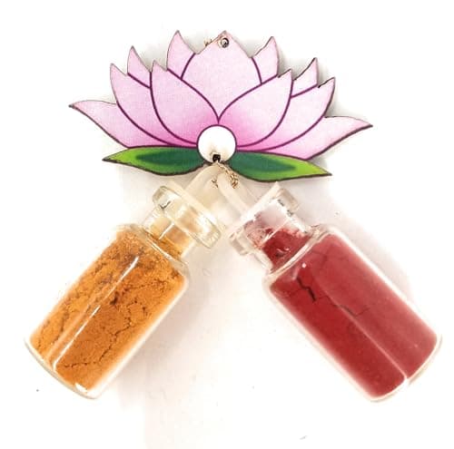 Sau Rang India Roli Haldi Gift, Pasupu Kumkum Gift Set in mini Glass Bottle | Thamboolam Return Gift for Wedding, Pooja, Diwali, Rakhi, Navratri, onam, pongal (Lotus Design mini 2ml Bottles), 20 pcs 2