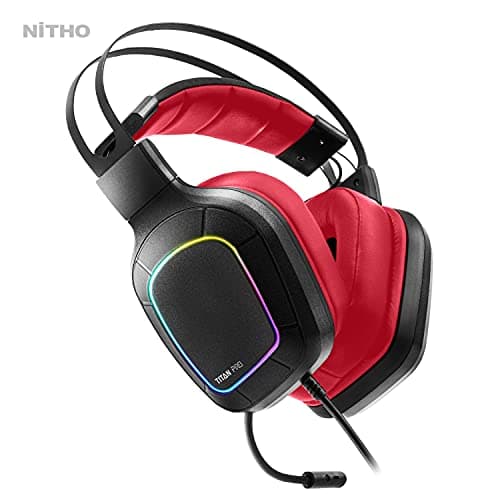Nitho Titan PRO 7.1 Surround Gaming Headset with Cardioid Microphone for PS5, PS4, PC, Laptop, Over-Ear Stereo Wired Gaming Headphones with RGB LED Light, 3.5 mm Audio Jack, 50 mm Drivers - Red 2