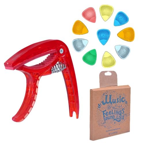 Kadence CAP-SCP Jamming Series Guitar Capo | Comes With Phosphor Bronze Strings & 10 Picks | Fits Acoustic, Electric & Ukulele | Red