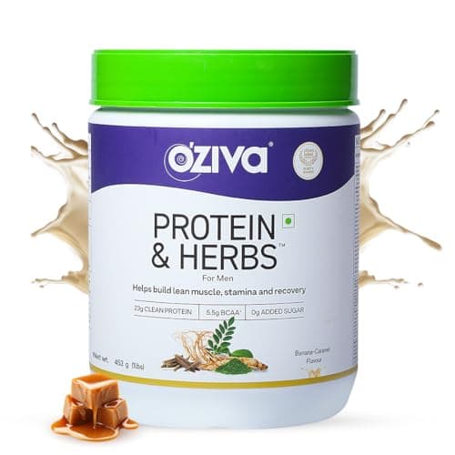 OZiva Protein & Herbs for Men (Banana Caramel) I Muscle Building, Stamina & Recovery | Clean Protein, Shatavari, Green Tea I No Added Sugar, 1lbs (453gm)