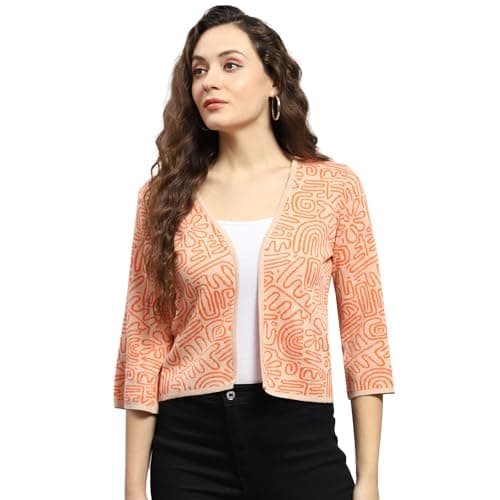 Monte Carlo Womens Orange Printed V Neck 3/4th Sleeve Front Open Shrug (224065320FO-1-42)
