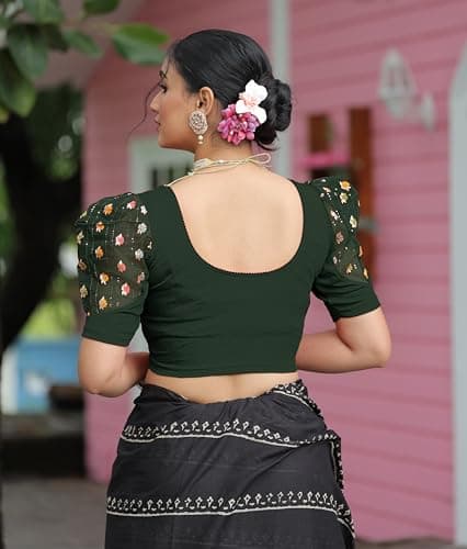 Amazon Brand - Anarva Round Neck Lycra Stretchable Puffed Elbow Sleeve Readymade Saree Blouse for Women Stylish (roli-Bottle-Green-Blouse-l) 4