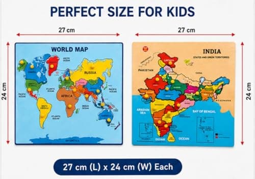 AAROSIYA Kids Wooden India and World Map Educational Puzzle Combo, Jigsaw and Brain Teaser, Non-Toxic, Enhances Motor Skills, 27 cm, 2 Pieces 4