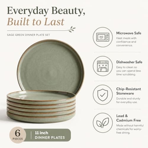 HEARTHEASE Ceramic Dinner Plate Set of 6, 11 Inch - Sage Green with Brown Rim, Microwave & Dishwasher Safe, Ideal for Daily Use 4