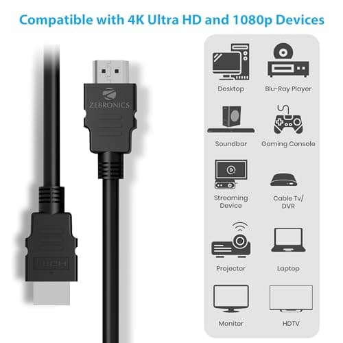 ZEBRONICS HAA1520C HDMI 2.0 Male to Male Cable, 1.5 Meter, 3D Compatible, 4K @ 60Hz, ARC, Strong & Durable, Compatible with TVs, displays, A/V Receivers, Blu-Ray Players, Computers, Playstation & more 4
