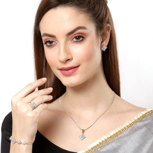 ZENEME Jewellery Set Cubic Zirconia 18K Gold Plated Elegant Pendant Set With Bracelet Ring Jewellery For Women & Girls (White) 4