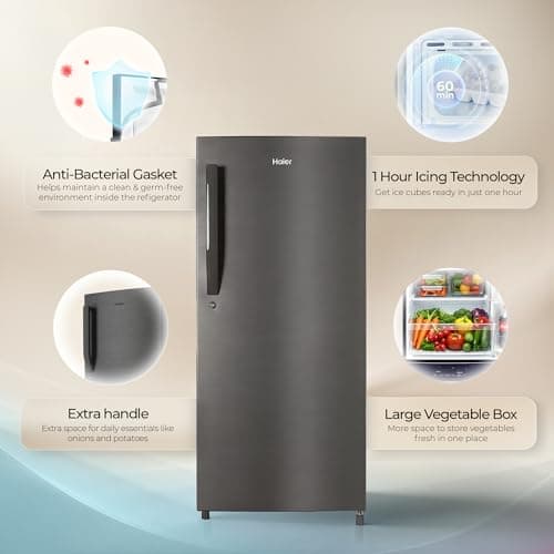 Haier 190L 5 Star Direct Cool Single Door Refrigerator | Inverter Compressor | Toughened Glass Shelves | Fast Ice Making in 60 minutes | Large Veg Box| Easy Clean Back (HED-205DSA-P, Dazzle Steel) 2