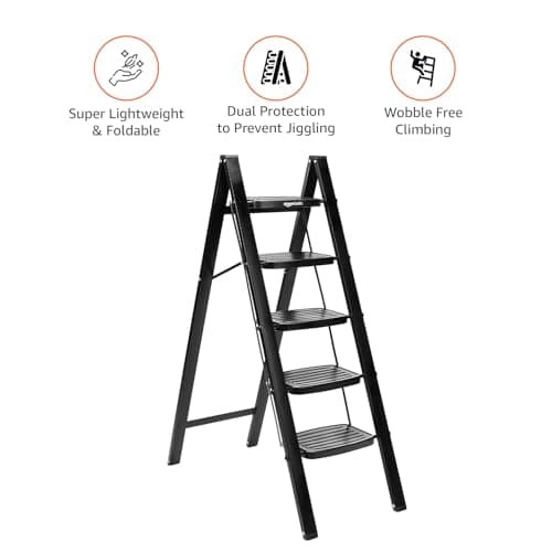 Amazon Basics Clamber Max - Non-Trip and Flat-Foldable Step Ladder, with Anti-Skid Steel Steps, 5 Steps (Steel, Matte Black) 3