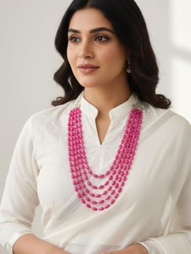 dirix Antique Natural Coral Pink Beads 5 Layer 24 Inch Necklace for Women & Girls | Alloy Layered Statement Jewellery (Pink) 4