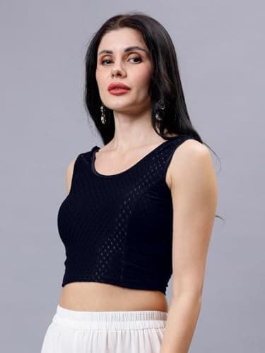 Plus Size Round Neck Cotton Stretchable Sleeveless Saree Blouse Readymade for Women 3