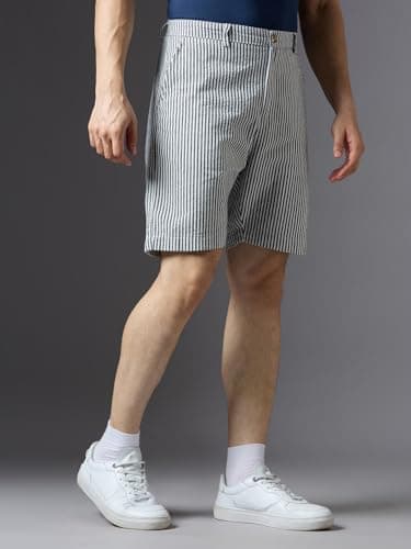 Ink India Company Men Striped Regular Fit Flat-Front Linen Shorts (in, Alpha, M, Regular, Blue Striper) 4