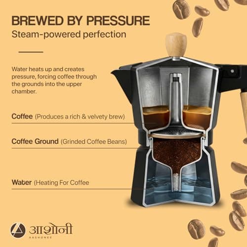 AAshonee Italian Coffee Maker | Espresso Moka Pot 3 Cup (150ml) | Black Aluminum Stovetop Espresso Maker | Real Wooden Handle 3