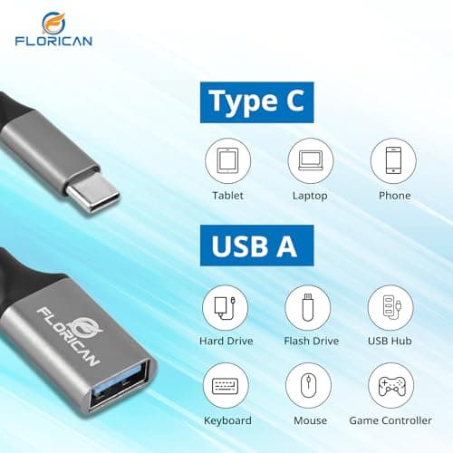 FLORICAN USB Type C to USB 3.0 OTG Cable/Adapter/Connector, Fast Charging/Data Transfer, Speed Upto 4.8 GBPS, Compatible with MacBook Air/Pro, 11/12.9 iPad Pro, 10.9 iPad Air 4, Android Phones 2