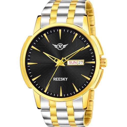 REESKY Men's Analog Watch, Black Dial, Gold/Silver Plated, Day & Date Display (Black)