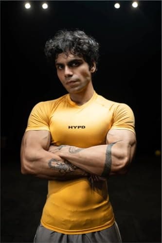 HYPD Stealth Compression T-Shirt for Men | Skin Fit Dry Fit T-Shirt | Stretchable Gym & Sportswear | Short Sleeve Activewear for Workout, Running, Fitness & Training (in, Alpha, L, Regular, Yellow) 2