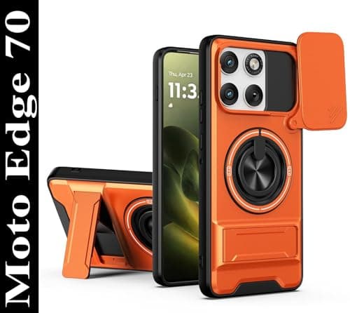 AeoFit Back Cover for Motorola Moto Edge 70 5G | Armor Camera Slider 360 Degree Rotating Finger Ring Holder Case with Bracket Stand & Camera Protection Back Case Cover for Moto Edge 70 (Orange) 2