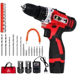 JPT Heavy Duty 12-volt Pro Series Cordless Drill Machine | 45N.m Torque | 1950 RPM Speed | 25+1 Clutch | 2 Speed Gearbox | 3/8" Keyless Chuck | 1500mAh Battery | Fast Charger - Red