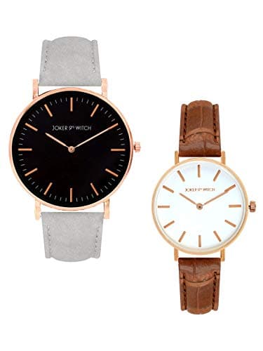 Joker & Witch Faux Leather Unisex Scott & Kira Couple Analog Watch Gift Set For Men And Women, Dial_Black, Band_Rose Gold