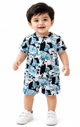 RIZZQ Kids Dress for Boys | Round Printed Neck Half Sleeve T-shirt and Pant Clothing Set for Baby Boys (Abstract blue, 3-4 Year)