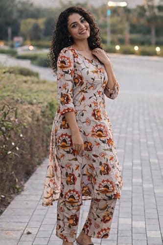 Women’s Floral Printed Kurta Pant Set – Stylish Ethnic Co-Ord Set for Daily & Casual Wear (in, Alpha, 2XL) Off White 5