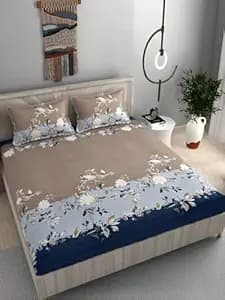 DECOMIZER 300 Tc Cotton Feel All Around Elastic Fitted Glace Printed Queen Size Double Bed Bedsheet with 2 Large Pillow Covers Fits Upto Mattress of 8 Inches, Size - 60 x 78 x 10 Inches, Navy Patta