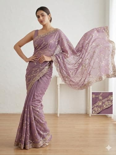 Flosive"Elegant Lavender Silk Saree for Women with Zari Embroidery, Sequin Work & Designer Blouse Piece for Wedding, Party & Festive 3